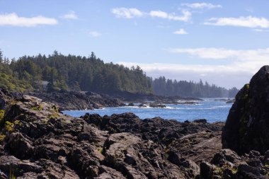 Rugged Rocks on a rocky shore on the West Coast of Pacific Ocean. Summer Morning Sky. Ucluelet, Vancouver Island, British Columbia, Canada. Nature Background