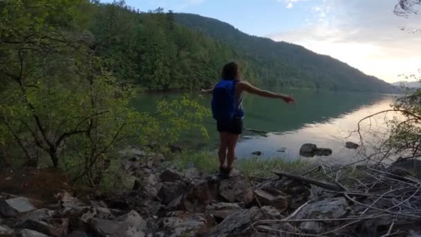 Adventurous Woman Hiking Canadian Nature Harrison River British Columbia Canada — Stock video