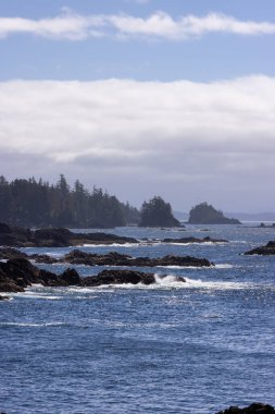 Rugged Rocks on a rocky shore on the West Coast of Pacific Ocean. Summer Morning Sky. Ucluelet, Vancouver Island, British Columbia, Canada. Nature Background