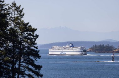 Gulf Islands, British Columbia, Canada - July 14, 2022: BC Ferries Passing By the islands on the West Coast of Pacific Ocean.