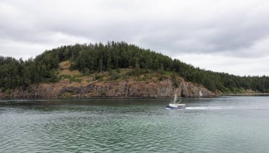 Kanada 'nın okyanus ve dağ manzarası. Yaz sezonu. Vancouver Adası yakınlarındaki Körfez Adaları, British Columbia, Kanada. Kanada Peyzajı. Arkaplan