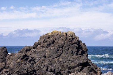 Rugged Rocks on a rocky shore on the West Coast of Pacific Ocean. Summer Morning Sky. Ucluelet, Vancouver Island, British Columbia, Canada. Nature Background