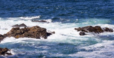Rugged Rocks on a rocky shore on the West Coast of Pacific Ocean. Summer Morning Sky. Ucluelet, Vancouver Island, British Columbia, Canada. Nature Background
