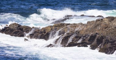 Rugged Rocks on a rocky shore on the West Coast of Pacific Ocean. Summer Morning Sky. Ucluelet, Vancouver Island, British Columbia, Canada. Nature Background