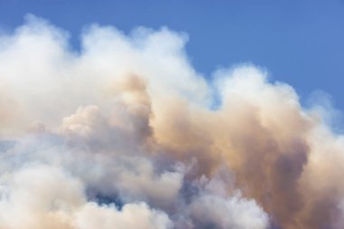 BC Orman Ateşi ve Duman, sıcak ve güneşli bir yaz gününde Umut 'un yakınındaki dağın üzerinde. British Columbia, Kanada. Vahşi yangın doğal afet