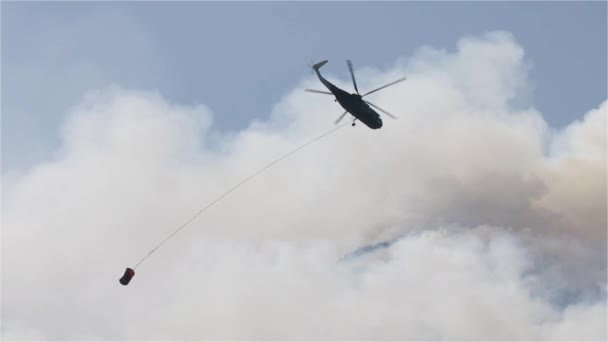 Wildfire Service Helikopter Flyger Över Forest Fire Och Rök Berget — Stockvideo