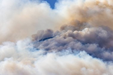 BC Orman Ateşi ve Duman, sıcak ve güneşli bir yaz gününde Umut 'un yakınındaki dağın üzerinde. British Columbia, Kanada. Vahşi yangın doğal afet
