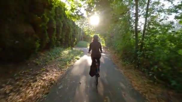 Aventura Mujer Bicicleta Carril Bici Rodeado Árboles Verdes Atardecer Verano — Vídeos de Stock