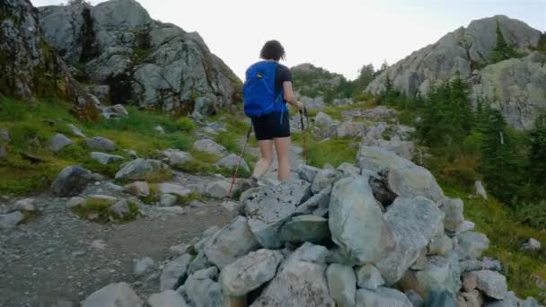 Abenteuerliche Wanderin Auf Dem Gipfel Der Kanadischen Berglandschaft Sonniger Abend — Stockvideo