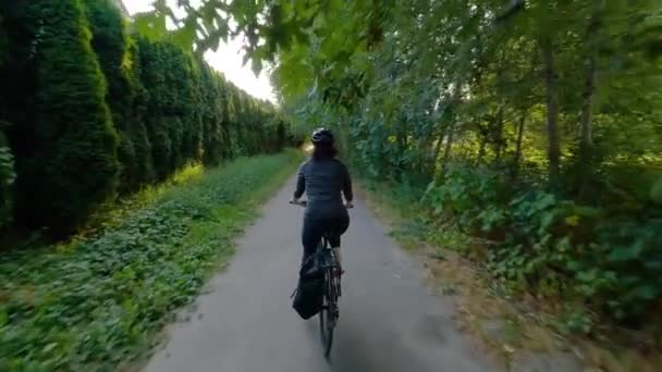 Äventyr Kvinna Cykel Rida Cykelväg Omgiven Gröna Träd Sommarsolnedgång Pitt — Stockvideo