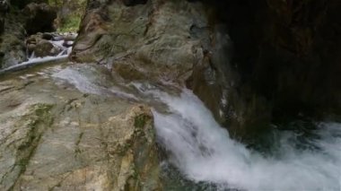 Taze su Kanada Doğa 'sında kayaların etrafından dökülüyor. Lynn Vadisi Kanyonları, Kuzey Vancouver, British Columbia, Kanada. 4k Sinema Yavaş Hareketi