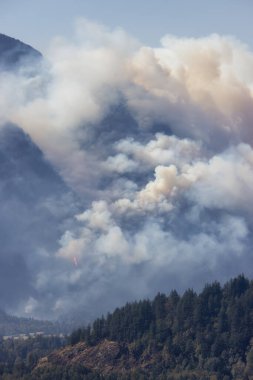 BC Orman Ateşi ve Duman, sıcak ve güneşli bir yaz gününde Umut 'un yakınındaki dağın üzerinde. British Columbia, Kanada. Vahşi yangın doğal afet