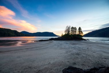 Pasifik Okyanusu Sahil Manzarası 'ndaki kumsal. Günbatımı Gökyüzü. San Josef Körfezi, Scott Burnu İl Parkı, Kuzey Vancouver Adası, BC, Kanada. Kanada Doğa Arkaplanı