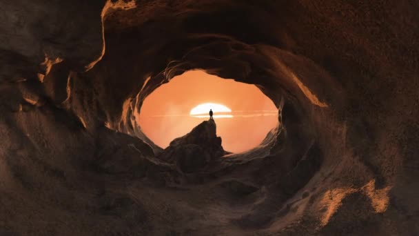 Adventurous Man Hiker Standing Cave Rocky Mountains Background Adventure Composite — Stock Video