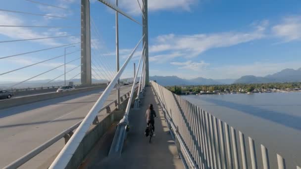Woman Bike Rider Cykelväg Över Golden Ears Bridge Över Fraser — Stockvideo