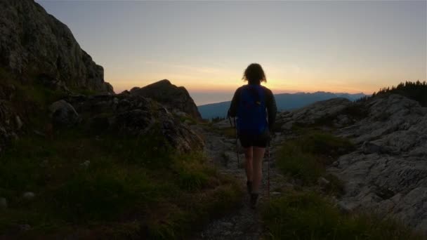 Abenteuerlustige Wanderin Auf Dem Gipfel Der Kanadischen Berglandschaft Sonniger Abendhimmel — Stockvideo