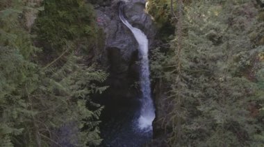 Taze su Kanada Doğa 'sında kayaların etrafından dökülüyor. Lynn Vadisi Kanyonları, Kuzey Vancouver, British Columbia, Kanada. 4k Sinema Yavaş Hareketi