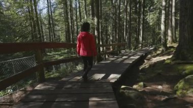 Lynn Canyon Parkı, Kuzey Vancouver, British Columbia, Kanada 'da kadın yürüyüşçü. Yağmur Ormanları 'nda Tahta Yürüyüş Yolu. Sunny Fall sezonu. Macera Yolculuğu. Yavaş Hareket