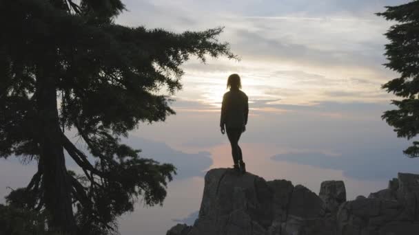 Mujer Aventurera Excursionista Cima Del Paisaje Montañoso Canadiense Costa Oeste — Vídeos de Stock