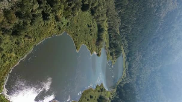 Flygfoto Över Sjön Och Gröna Träd Skogen Runt Bergslandskapet Kanadensisk — Stockvideo