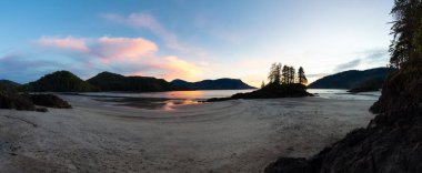 Pasifik Okyanusu Sahili Panoramik Manzarası 'ndaki kumsal. Günbatımı Gökyüzü. San Josef Körfezi, Scott Burnu İl Parkı, Kuzey Vancouver Adası, BC, Kanada. Kanada Doğa Arkaplanı Panoraması