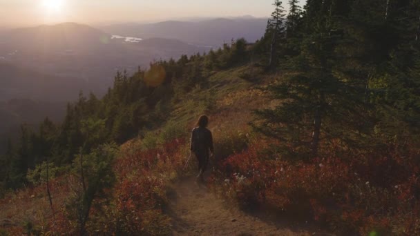 Mujer Aventurera Senderismo Paisaje Canadiense Con Colores Otoño Durante Puesta — Vídeo de stock