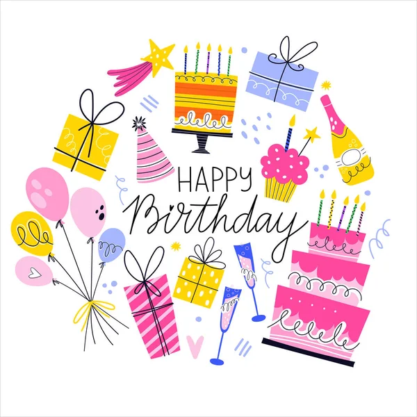 Doğum günü kutlaması el çizimi elementleri ayarlandı, vektör illüstrasyonu beyaz arka planda izole edildi yuvarlak biçimde. Balonlar, mumlu kekler, hediye kutusu, çörekler, parti şapkaları..