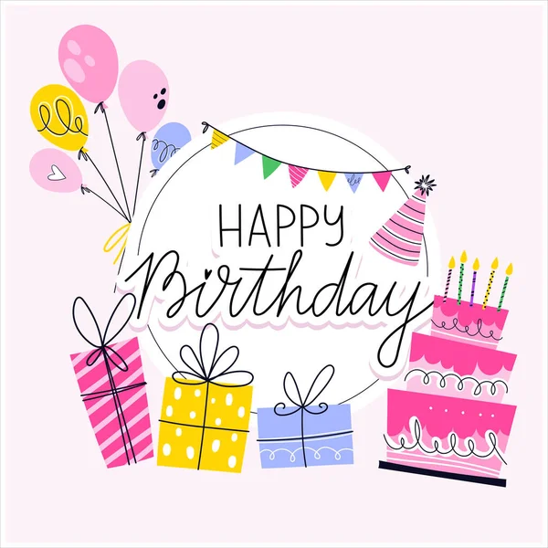 Doğum günü tebrik kartı tasarımın ve mutlu doğum günü mektupların kutlu olsun. Pembe, yuvarlak şekilli. Doğum günü elementleri. Mumlu pasta, hediyeler ve balonlar. Pankart ve kartpostallar için şirin tasarım. 