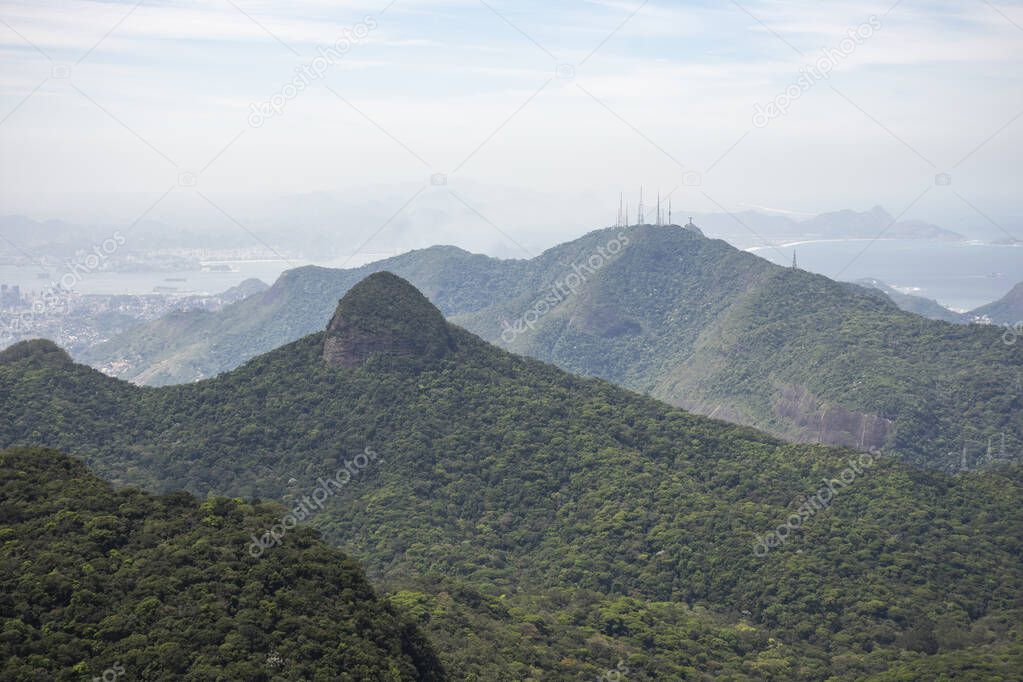 Beautiful view to green rainforest mountains in Tijuca Park, Rio de Janeiro, Brazil