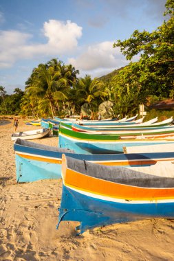 Tropikal sahildeki renkli balıkçı kanolarına güzel manzara Ilhabela, Sao Paulo, Brezilya