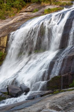 Yeşil Ilhabela, Sao Paulo, Brezilya 'daki Atlantik yağmur ormanı nehrinin güzel manzarası