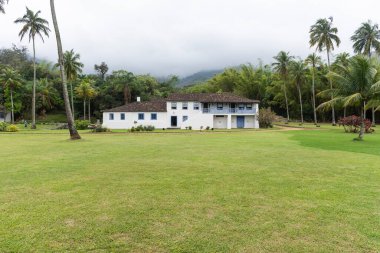 Ilhabela, Sao Paulo, Brezilya 'da hindistan cevizi palmiyeli tarihi çiftlik evine güzel bir manzara. 