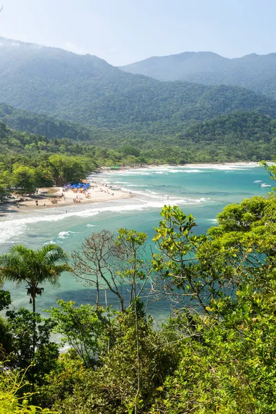 巴西圣保罗Ilhabela 阳光普照的绿色热带雨林和蓝色水野海滩美景 — 图库照片