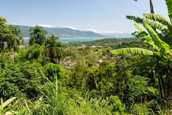 Bela Vista Topo Colina Até Pequena Ilha Tropical Ilhabela São — Fotografia de Stock