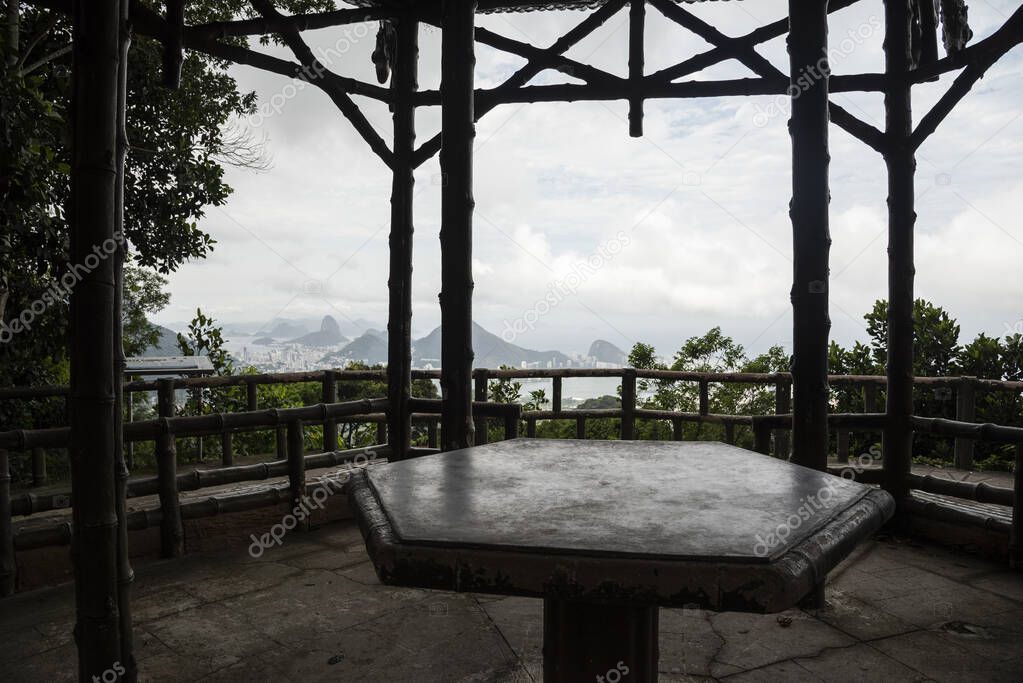 Beautiful view to small viewpoint gazebo on the rainforest in Rio de Janeiro, Brazil