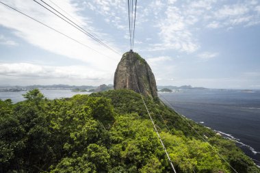 Brezilya Rio de Janeiro 'daki Sugar Loaf teleferiğine, okyanusa ve yeşil yağmur ormanlarına güzel bir manzara