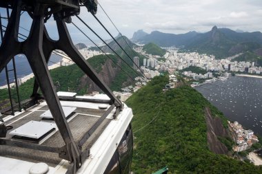 Brezilya Rio de Janeiro 'daki Sugar Loaf teleferiğine, okyanusa ve yeşil yağmur ormanlarına güzel bir manzara