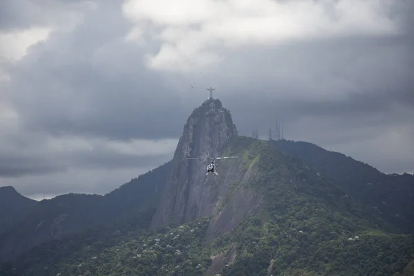 Beautiful View Corcovado Green Rainforest Mountain Helicopter Flying Seen Sugar — Stock Photo, Image