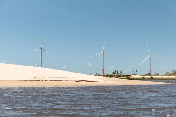 Beautiful View Wind Turbines River Side Lenois Maranhenses Maranhao State — Stock Photo, Image