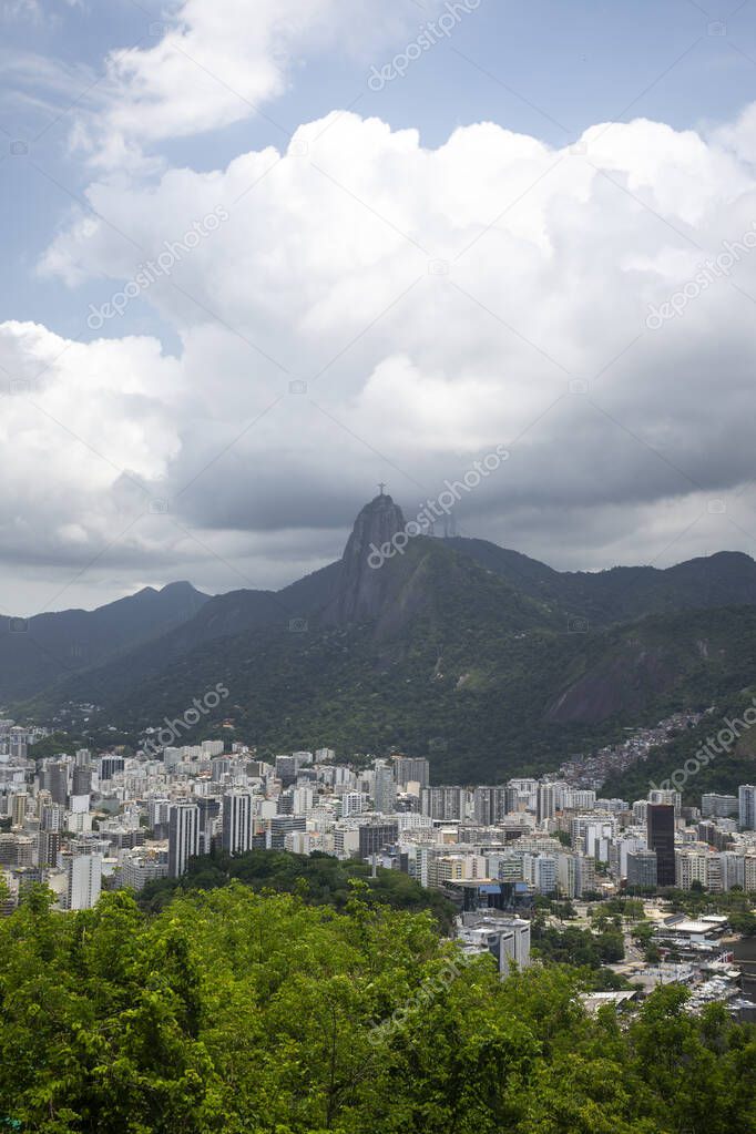 Beautiful view to Corcovado green rainforest mountain from the Sugar Loaf, Rio de Janeiro, Brazil