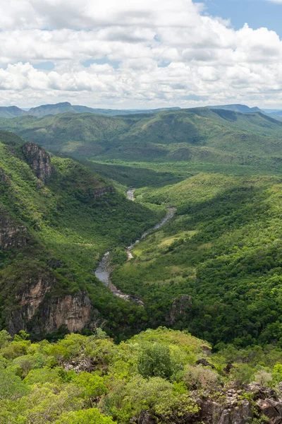 Gyönyörű Kilátás Cerrado Folyóra Zöld Völgyben Chapada Dos Veadeiros Brazília — Stock Fotó