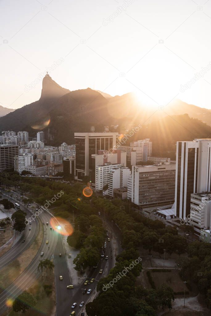 Beautiful sunset view to city buildings and mountains, Rio de Janeiro, Brazil