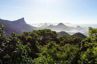 Yağmur ormanlarına ve şehre güzel bir gün doğumu manzarası, Rio de Janeiro, Brezilya