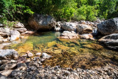 Chapada dos Veadeiros, Gois State, Orta Brezilya 'daki yeşil alandaki güzel vahşi nehir havuzuna bakın..