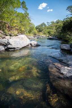 Chapada dos Veadeiros, Gois State, Orta Brezilya 'daki yeşil alandaki güzel vahşi nehir havuzuna bakın..