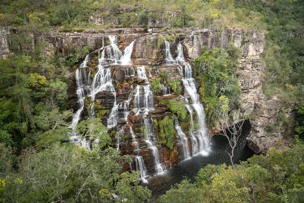 Beautiful View Big Wild Green Waterfall Rocky Wall Chapada Dos — Photo