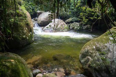 View to beautiful green rainforest jungle river, countryside of Rio de Janeiro, Brazil
