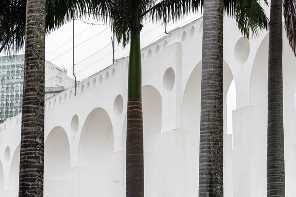 Beautiful view to imperial palm trees and white old historic aqueduct, downtown Lapa district, Rio de Janeiro, Brazil
