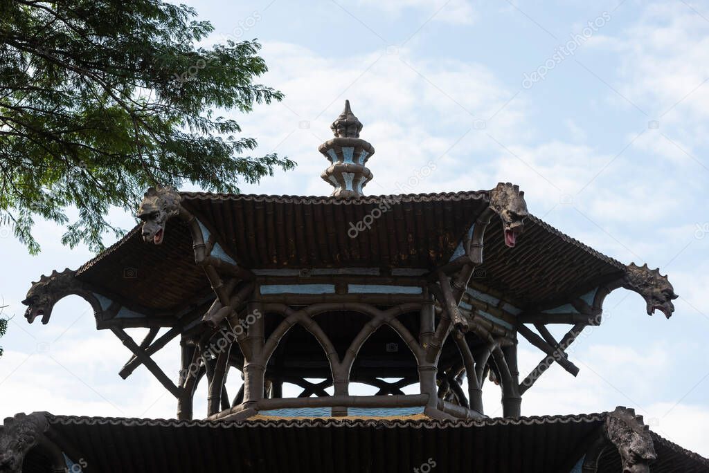 Beautiful view to chinese style gazebo and viewpoint in green rainforest area, Tijuca Park, Rio de Janeiro, Brazil
