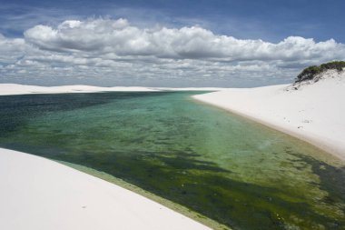 Beautiful view to blue rainwater lagoon and white sand dunes in Lenis Maranhenses, Maranho State, Brazil.
